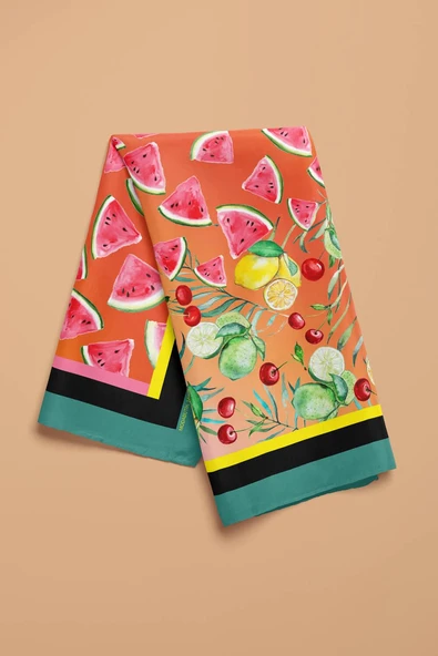 G59 Kadın Kırmızı Fruits Desenli 50x50 Bandana DG01456-22 - Resim 3
