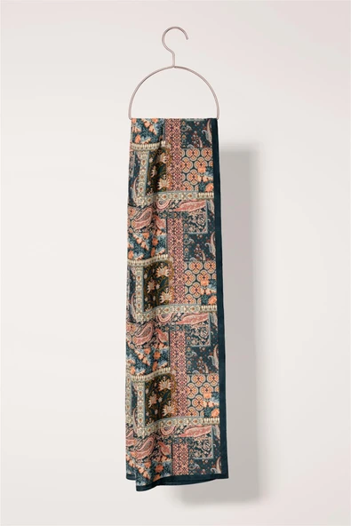 Z41 Modabutik Şal Desenli Mavi Somon Renkli Fular - Resim 4