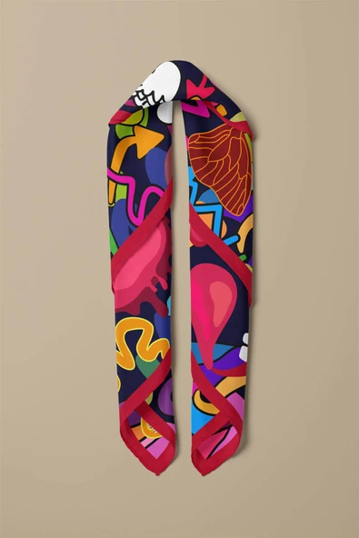 %100 İpek Grafiti Desenli Kadın Bandana - Resim 3