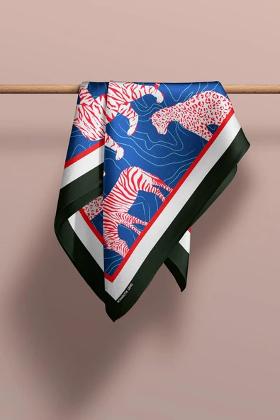 H50 Kadın Mavi Kırmızı Animal Desenli 50x50 Bandana HYL DG01695-22 - Resim 6