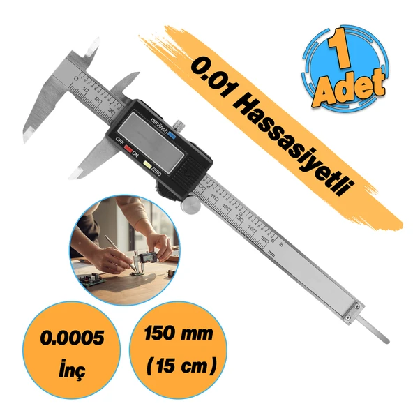 Dijital Kumpas Lcd Ekranlı (0.01-12 mikron Hassasiyet) 0.0005 İnç Metal 150 mm Derinlik Ölçüm Aleti - Resim 2
