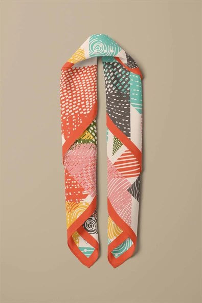 %100 İpek Geometrik Desenli Kadın Bandana - Resim 3