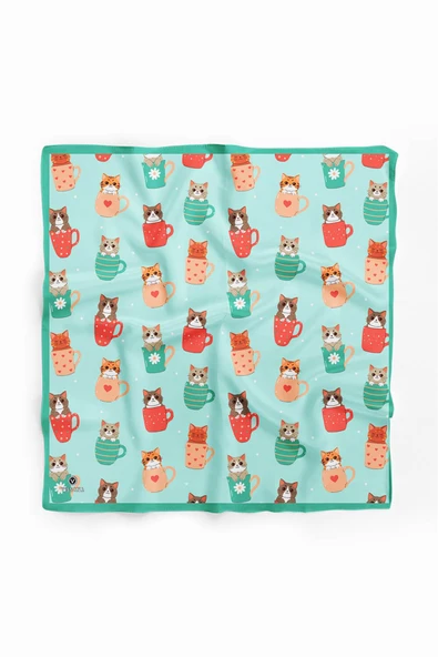 %100 İpek Fincanda Kedi Desenli Bandana - Resim 2
