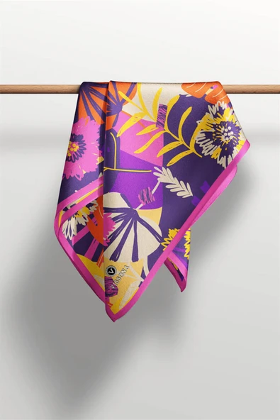 Saten İpek Yaprak Desenli Kadın Bandana - Resim 6