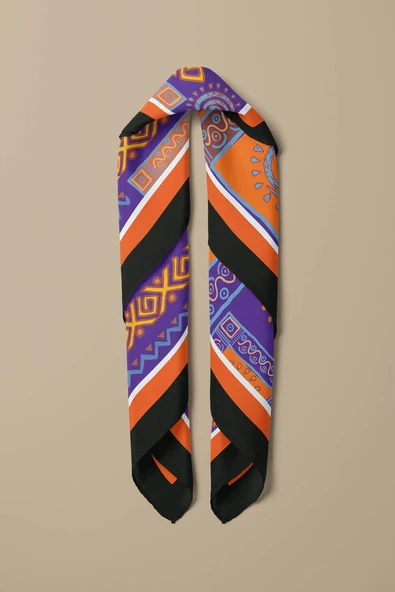 H19 Kadın turuncu etnik desenli 50x50 Bandana - Resim 3