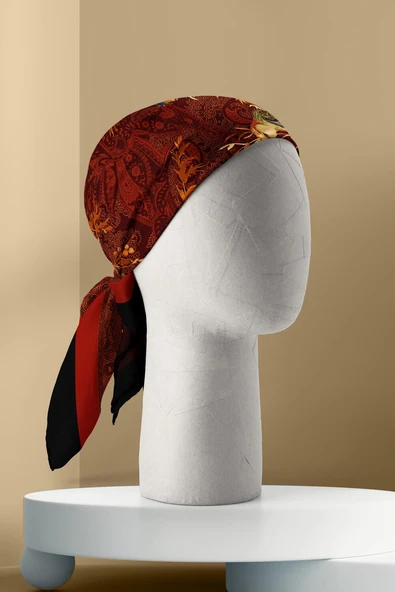 Kadın Kiremit Kahverengi Sultan  Desenli 50x50 Bandana - Resim 6