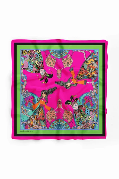 E49 Kadın Pembe Minyatür Desenli 50x50 Bandana - Resim 2