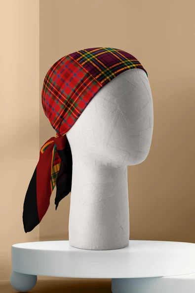 G8 Kadın sarı kırmızı dörtlü ekose Desenli 50x50 Bandana DG01621-22 - Resim 3