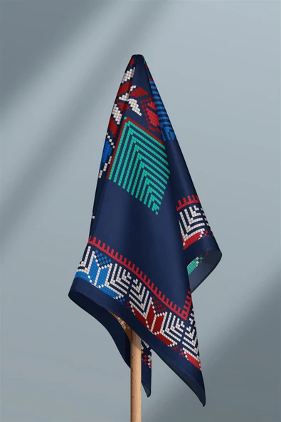 %100 İpek Kanaviçe Desenli Kadın Bandana - Resim 6