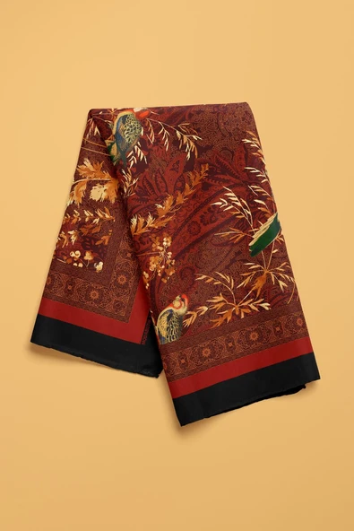 Kadın Kiremit Kahverengi Sultan  Desenli 50x50 Bandana - Resim 3