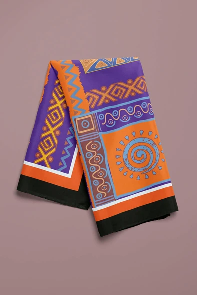 H19 Kadın turuncu etnik desenli 50x50 Bandana - Resim 4