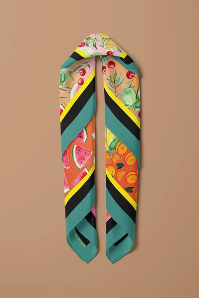G59 Kadın Kırmızı Fruits Desenli 50x50 Bandana DG01456-22 - Resim 6