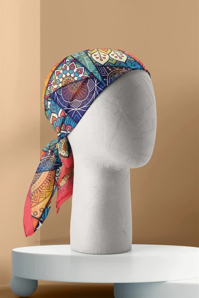 %100 İpek Mandala Desenli Kadın Bandana - Resim 6