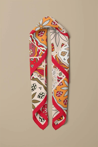 %100 İpek Etnik Desenli Kadın Bandana - Resim 2