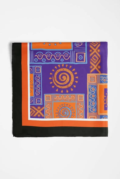 H19 Kadın turuncu etnik desenli 50x50 Bandana - Resim 5