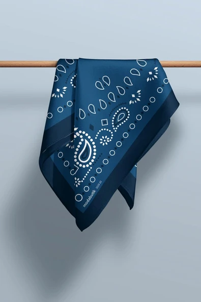 E15 Kadın Beyaz Mavi Etnik Desenli 50x50 Bandana - Resim 5