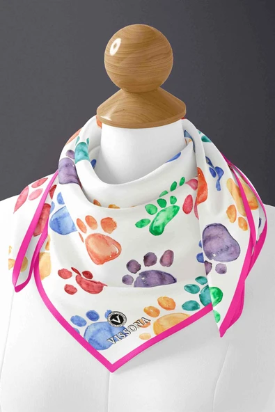 100% Silk Headscarf for Women - 22"x 22" inch Hair Scarf Cat Paw Pattern Silk Headscarf Bandanas Square Silk 60361 - Resim 3