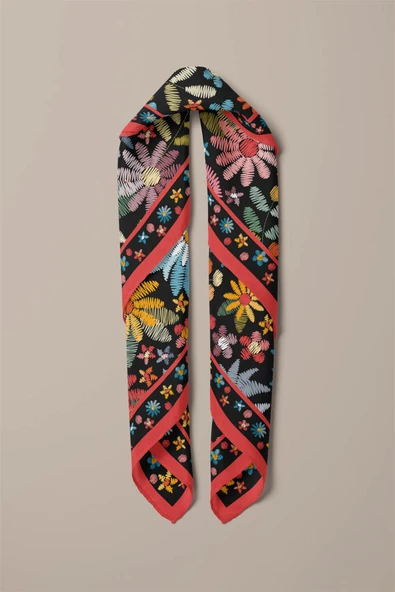 %100 İpek Nakış Çiçek Desenli Kadın Bandana - Resim 5