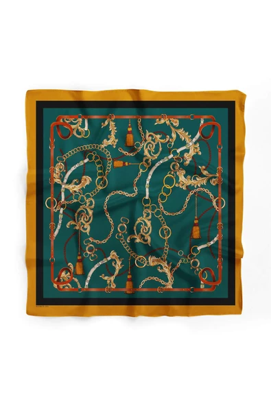 E72 Kadın Yeşil Zincir Desenli 50x50 Bandana - Resim 2