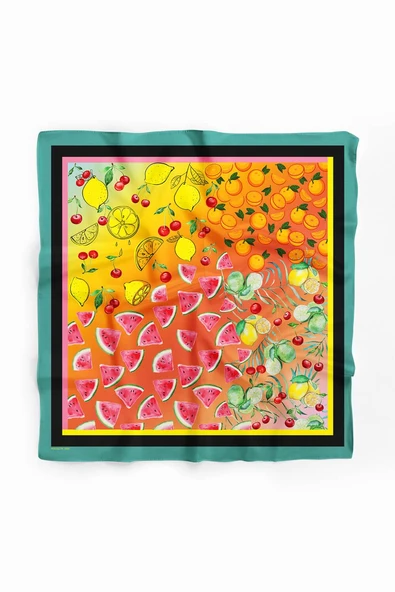 G59 Kadın Kırmızı Fruits Desenli 50x50 Bandana DG01456-22 - Resim 2