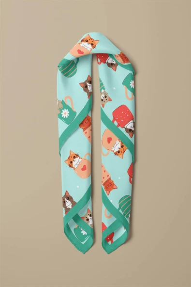 %100 İpek Fincanda Kedi Desenli Bandana - Resim 3
