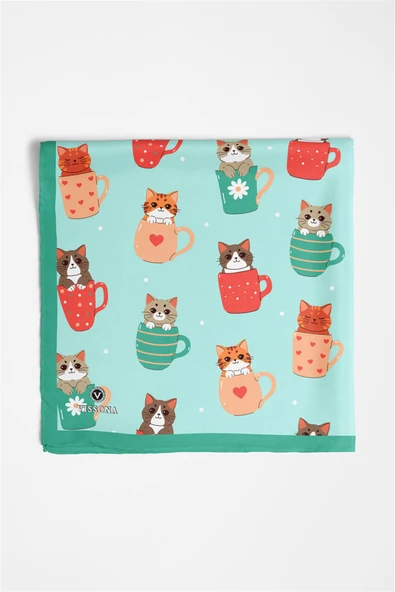 %100 İpek Fincanda Kedi Desenli Bandana - Resim 5