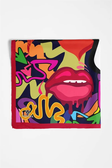 %100 İpek Grafiti Desenli Kadın Bandana - Resim 5