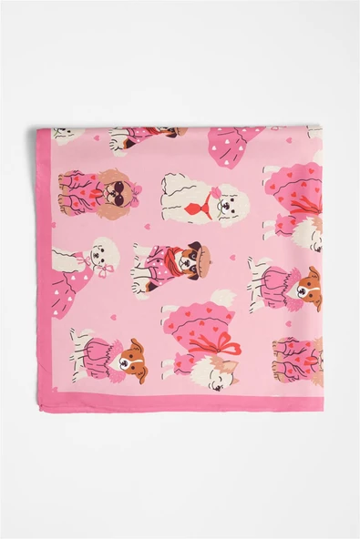 %100 İpek Süslü Köpek Desenli Kadın Bandana - Resim 5