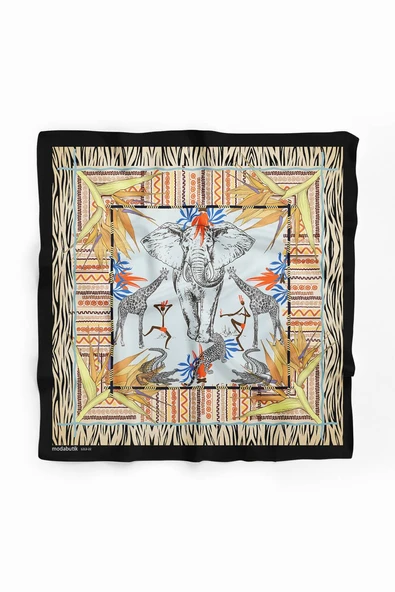 Kadın Sarı Mavi Serengeti Desenli 50x50 Bandana - Resim 2