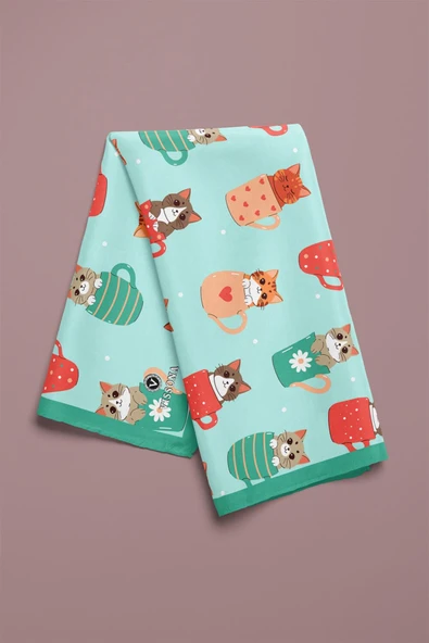 %100 İpek Fincanda Kedi Desenli Bandana - Resim 4