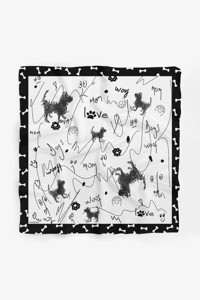 B104 Kara Kalem Desenli 45x45 Siyah Beyaz Köpek Bandanası DG5464 - Resim 2