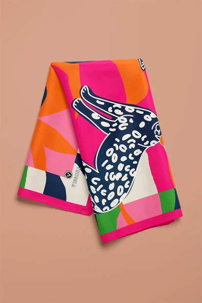 Saten İpek Kaplan Desenli Kadın Bandana - Resim 4