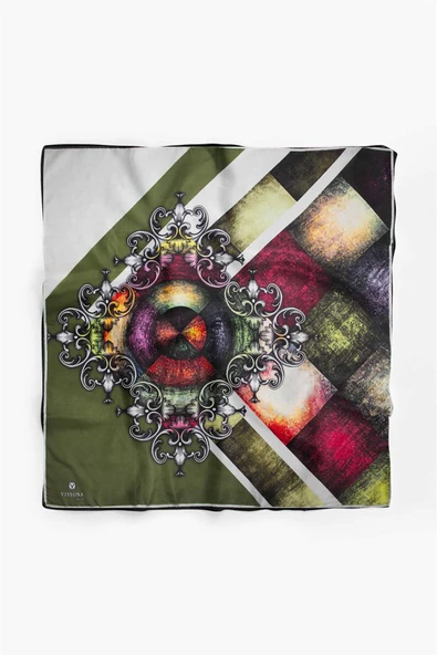 %100 İpek Kadın Desenli Bandana 80x80 - Resim 2