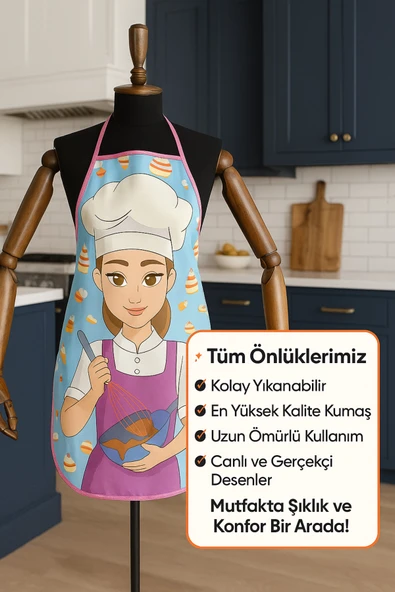 Dijital Baskılı Su Sıvı Geçirmez Leke Tutmaz Mutfak Önlüğü Bake Girl - Resim 2