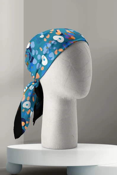 B112 Kadın Mavi Game Desenli 50x50 Bandana - Resim 4