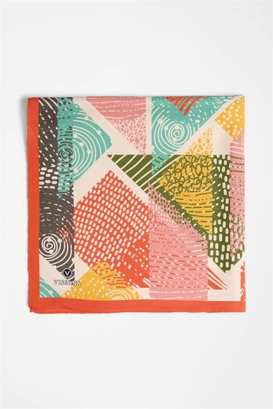%100 İpek Geometrik Desenli Kadın Bandana - Resim 5