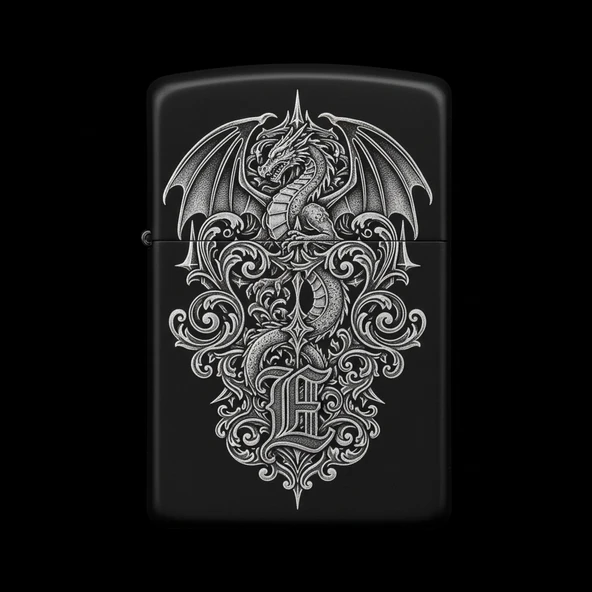 Zippo Ejderha Figürlü E Harfli Tasarım - V72 ürün görseli