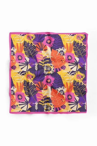 Saten İpek Yaprak Desenli Kadın Bandana - Resim 2