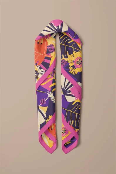 Saten İpek Yaprak Desenli Kadın Bandana - Resim 3