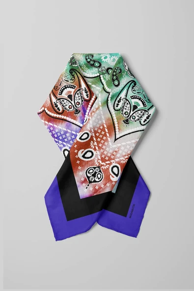 D11 Kadın Turkuaz Etnik Desenli 50x50 Bandana DG01573-22 - Resim 3