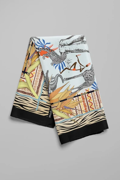 Kadın Sarı Mavi Serengeti Desenli 50x50 Bandana - Resim 5