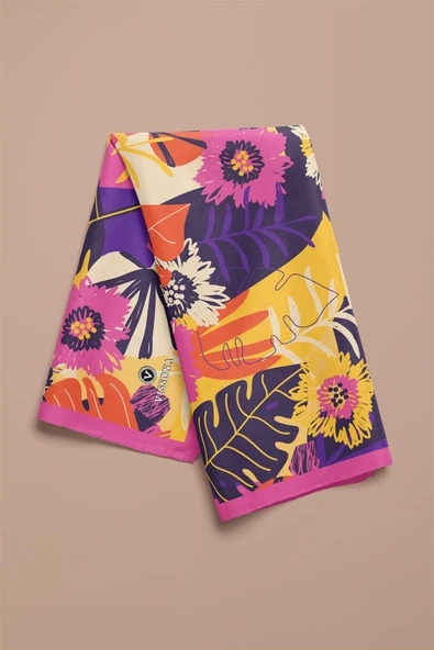 Saten İpek Yaprak Desenli Kadın Bandana - Resim 4