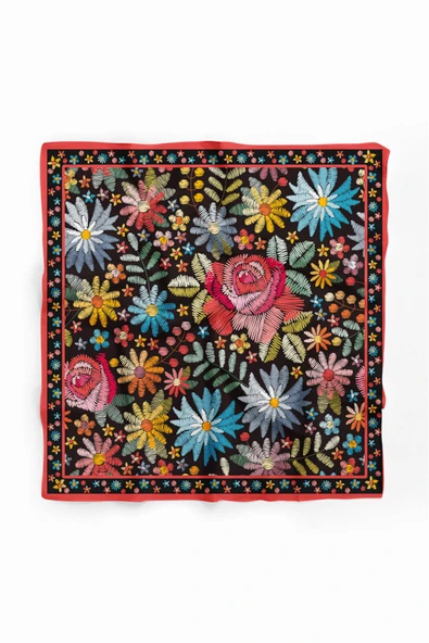 %100 İpek Nakış Çiçek Desenli Kadın Bandana - Resim 2
