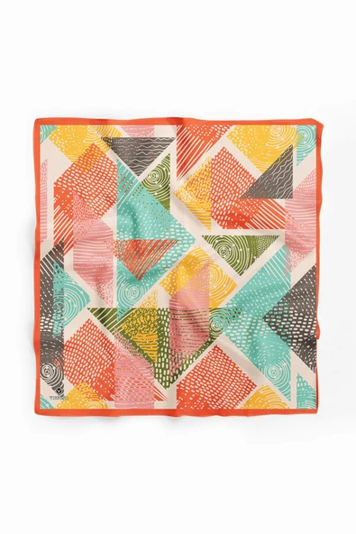 %100 İpek Geometrik Desenli Kadın Bandana - Resim 2
