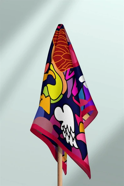 %100 İpek Grafiti Desenli Kadın Bandana - Resim 6