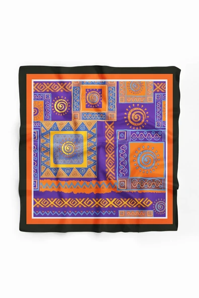 H19 Kadın turuncu etnik desenli 50x50 Bandana - Resim 2