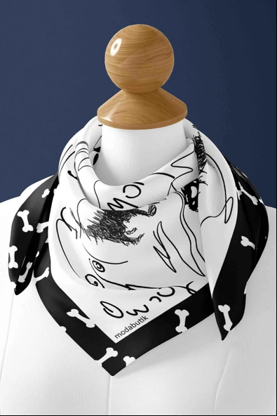 B104 Kara Kalem Desenli 45x45 Siyah Beyaz Köpek Bandanası DG5464 - Resim 3