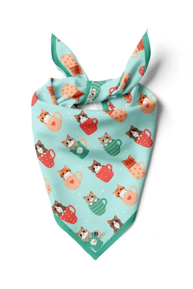 %100 İpek Fincanda Kedi Desenli Bandana ürün görseli 1