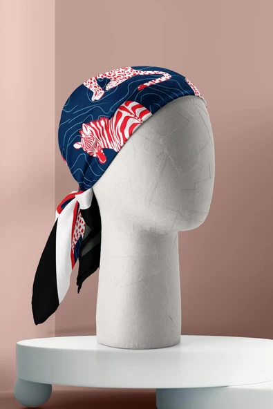 H50 Kadın Mavi Kırmızı Animal Desenli 50x50 Bandana HYL DG01695-22 - Resim 3