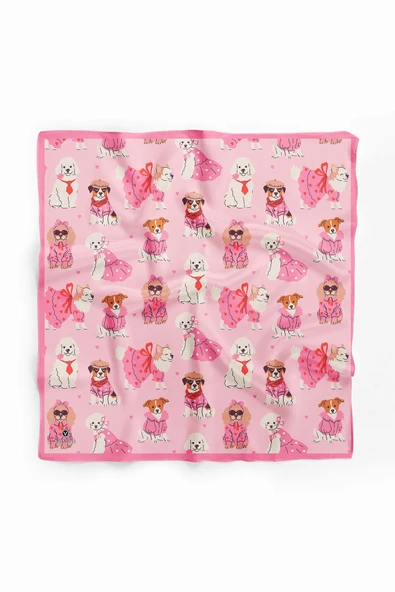 %100 İpek Süslü Köpek Desenli Kadın Bandana - Resim 2